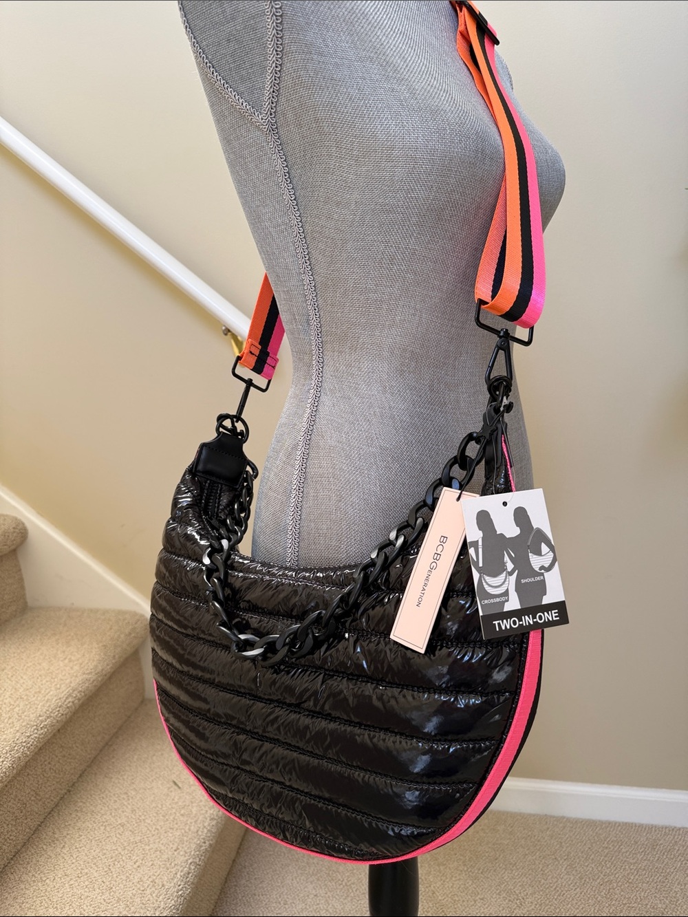 BCBG Black Quilted Crossbody Bag w/Neon Pink Trim and Multicolor strap.